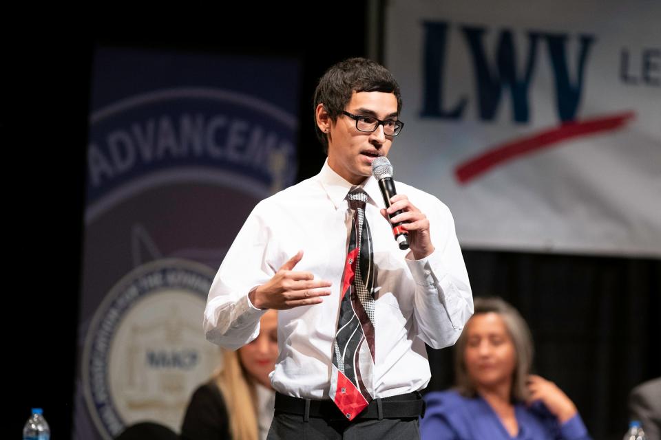 Deryk Trujillo speaks as a candidate for Pueblo Mayor during the 2023 Greater Pueblo Chamber of Commerce candidate debates at Memorial Hall on Thursday, October 5, 2023.