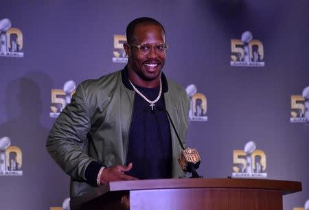 Feb 8, 2016; San Francisco, CA, USA; Denver Broncos linebacker Von Miller addresses the media after being selected as Super Bowl 50 most valuable player after 24-10 victory over the Carolina Panthers during press conference at the Moscone Center. Mandatory Credit: Kirby Lee-USA TODAY Sports