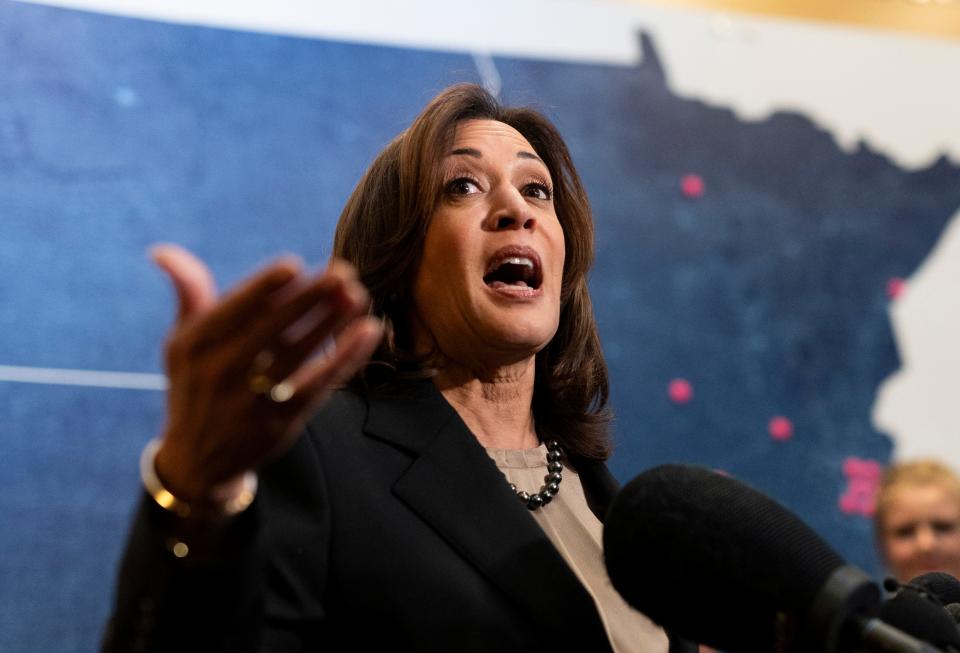 Vice President Kamala Harris speaks during her visit to a Planned Parenthood clinic in Saint Paul, Minnesota, on March 14, 2024.