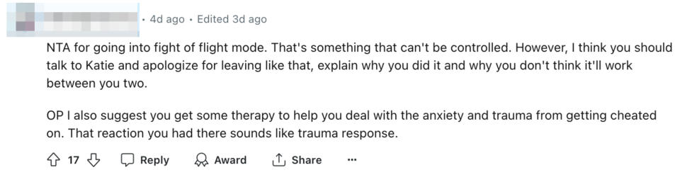Reddit comment by Idontgiveacrap advising someone to discuss issues with Katie, explain reasons for actions, and suggesting therapy for dealing with anxiety and trauma