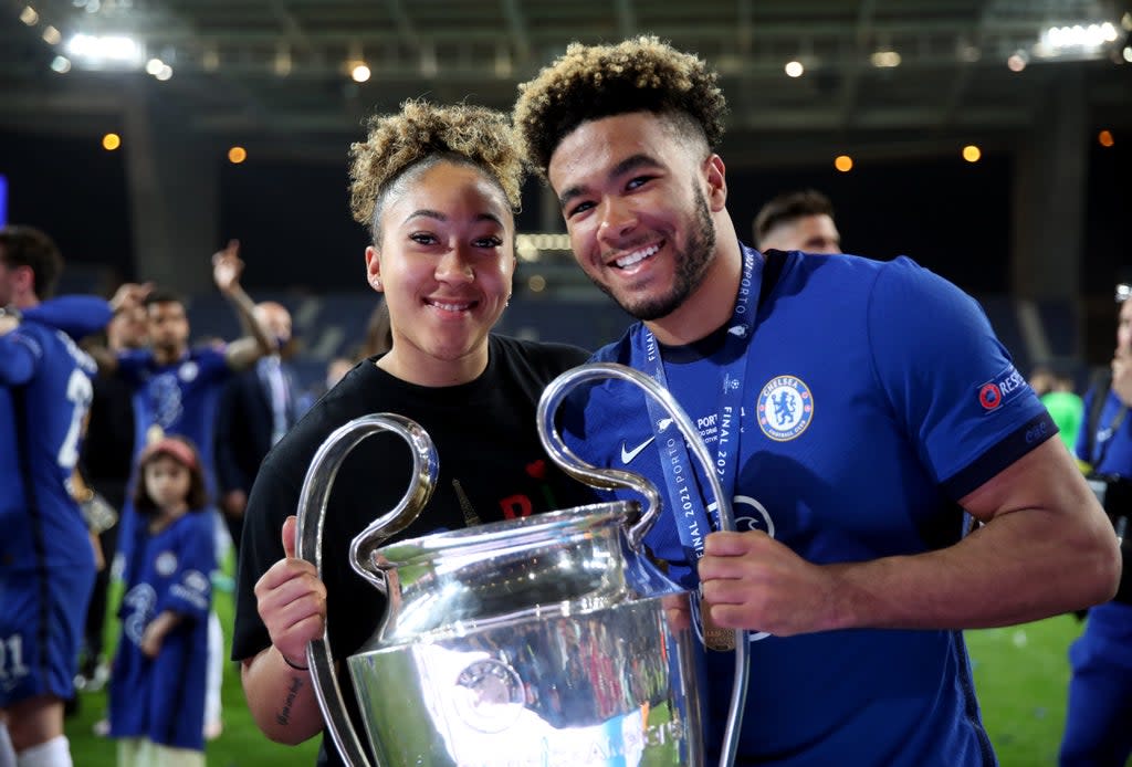 Reece James, right, with sister Lauren, left, after the Chelsea men’s team’s Champions League triumph over Manchester City in Porto in May 2021 (Nick Potts/PA) (PA Archive)