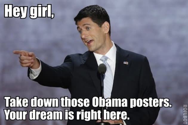 <b>Hey Girl, Want to Workout with Paul Ryan?</b><br><br> Paul Ryan is announced as Mitt Romney’s running mate. The internet notices he has the first name as actor Ryan Gosling, center of the “Hey Girl” meme, which pairs photos of the Hollywood star with made-up quotes. Next? “Hey Girl,” Paul Ryan style. <br><br> Why it worked? Ryan’s good looks and fit physique. Recall the <a href="http://news.yahoo.com/blogs/ticket/know-political-meme-paul-ryan-biceps-155445161--politics.html" data-ylk="slk:cache of photos released by Time magazine showing Ryan pumping iron;elm:context_link;itc:0;sec:content-canvas;outcm:mb_qualified_link;_E:mb_qualified_link;ct:story;" class="link  yahoo-link">cache of photos released by Time magazine showing Ryan pumping iron</a>?<br><br> (Image courtesy <a href="http://heygirlitspaulryan.tumblr.com/post/30518399353" rel="nofollow noopener" target="_blank" data-ylk="slk:heygirlitspaulryan.tumblr.com;elm:context_link;itc:0;sec:content-canvas" class="link ">heygirlitspaulryan.tumblr.com</a>)