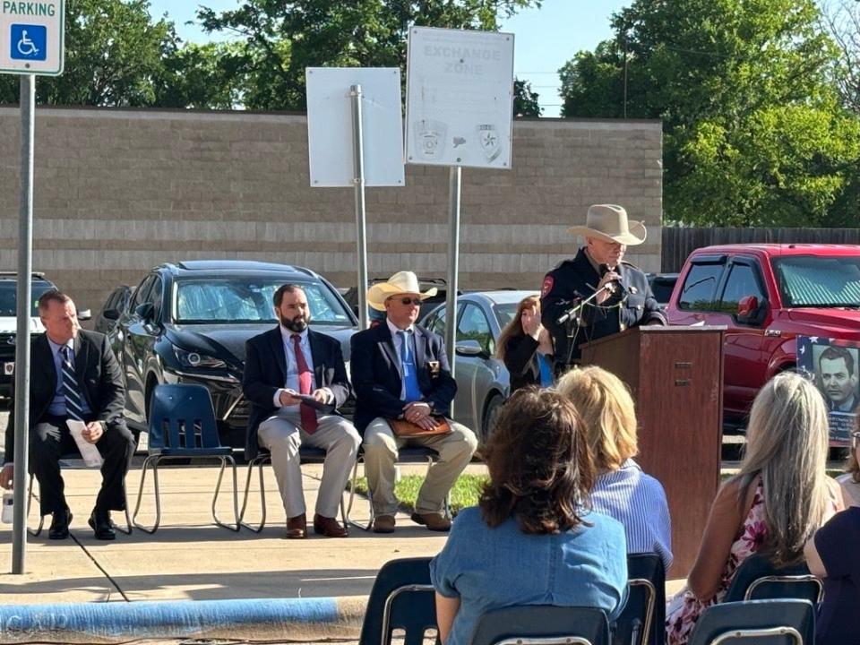 Captain Doug Farber delivers his speech to attendees of the annual memorial ceremony on Wednesday, May 8, 2024. He spoke about his personal connections to fallen officers and how the community should remember the ultimate sacrifice made by them in the line of duty and the continued sacrifice family members make every day.