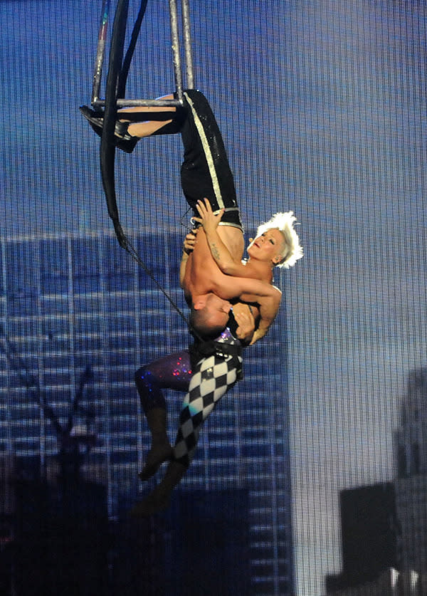 Pink not only performed her hit <i>Sober</i> mid-air at the 2009 VMAs, she also managed to pull out some flips. Now that's impressive!