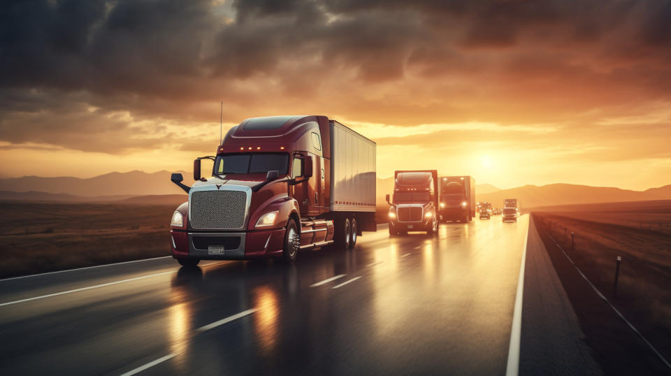 Trucks from this company on the highway, transporting goods from one city to another.