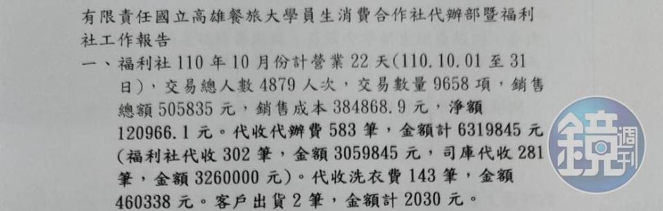 師生指控，高餐大消合社的工作報告並未對外公開，只以A4紙簡單列出費用收支。（讀者提供）