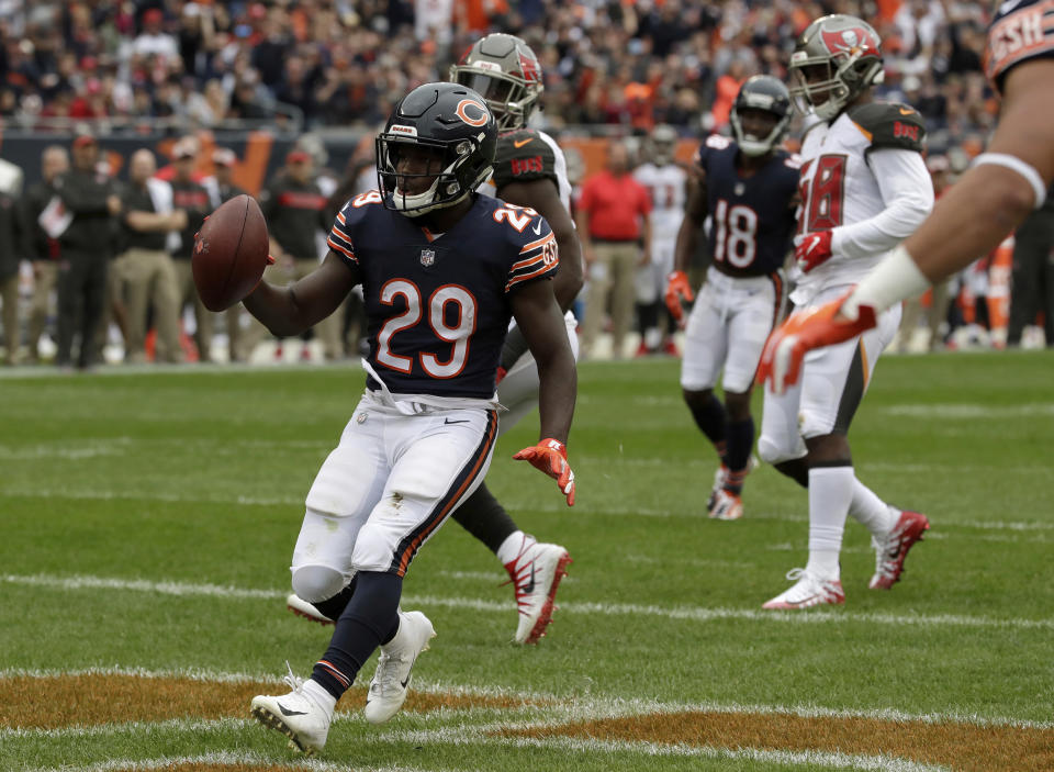 Chicago Bears running back Tarik Cohen (29) celebrates a touchdown run during the first half of an NFL football game against the Tampa Bay Buccaneers Sunday, Sept. 30, 2018, in Chicago. (AP Photo/Nam Y. Huh)