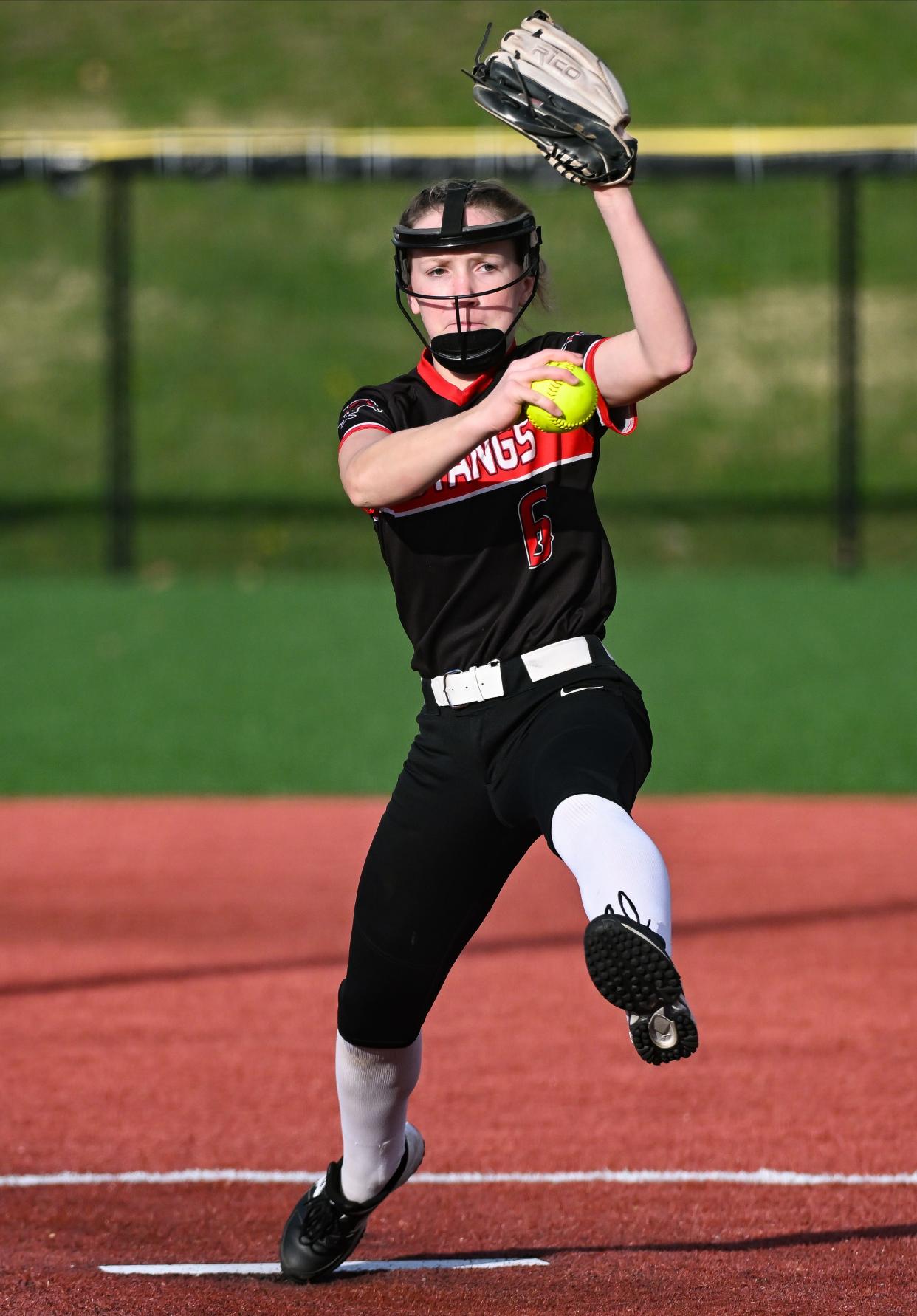 Edgewood’s Ally Bland delievers a pitch during the softball game at Bloomington South on Tuesday, April 2, 2024.