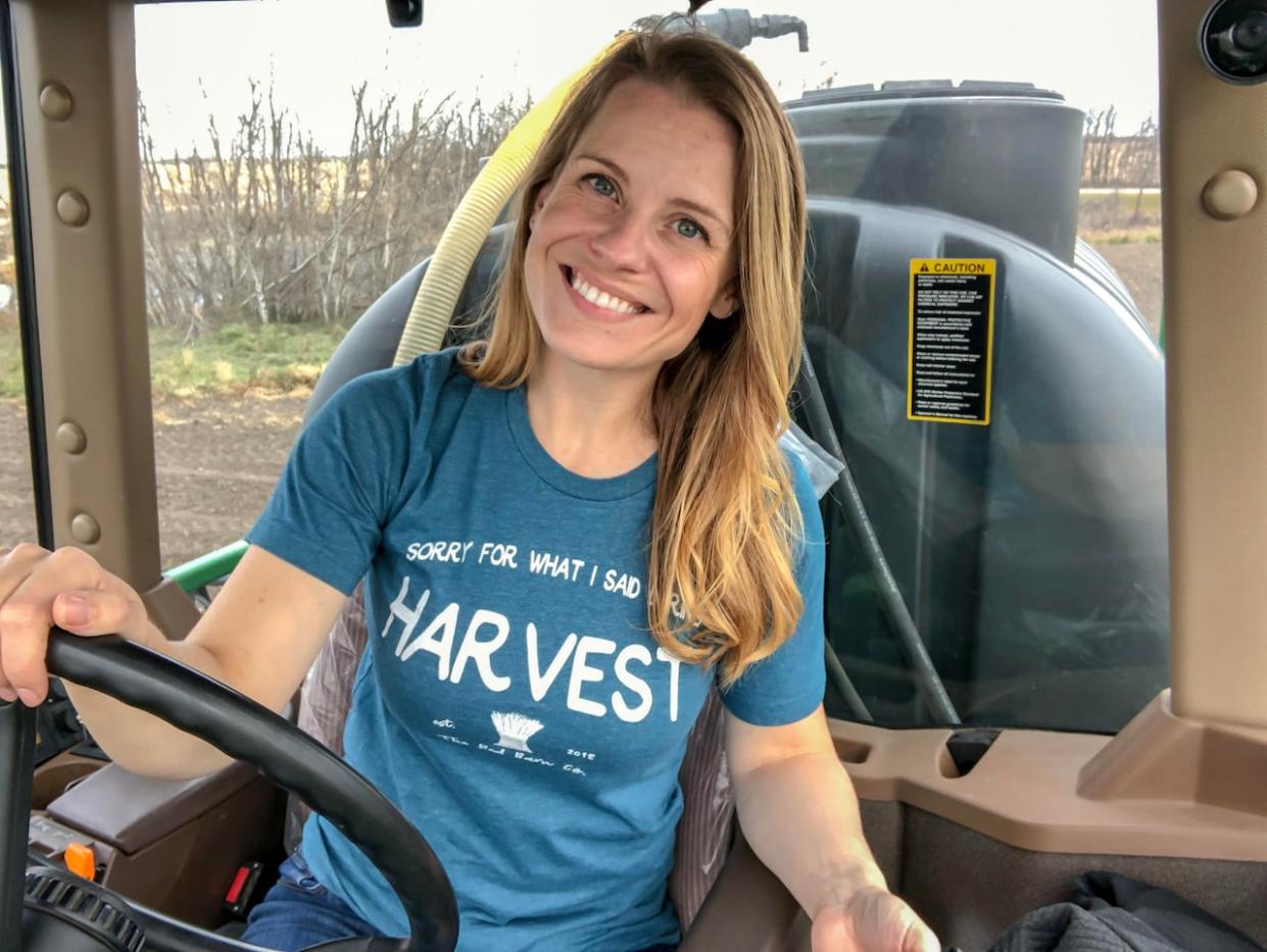 Leslie Kelly, who runs a grain farm in Watrous, is thrilled about the recent snowfall in Saskatchewan.  (Nick Purdon/CBC - image credit)