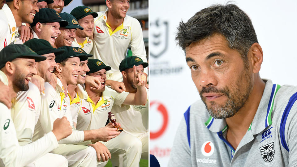 Pictured left, Australia's 2019 Ashes cricket team and Warriors NRL coach Stephen Kearney on the right.