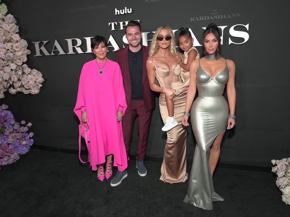 Kris Jenner, Ben Winston, Khloé Kardashian, True Thompson, and Kim Kardashian West at "The Kardashians" Hulu premiere.