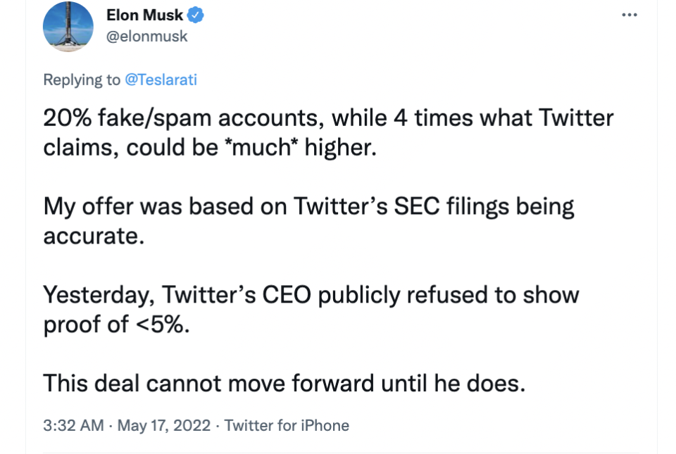 Twitter post from account of @elonmusk on May 17, 2022