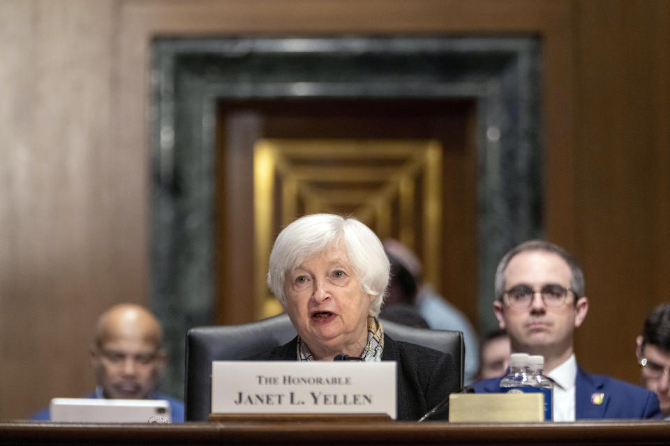 Treasury Secretary Janet Yellen testifies before the Senate Finance Committee about the President's proposed budget request for the fiscal year 2024, Thursday, March 16, 2023, on Capitol Hill in Washington. (AP Photo/Jacquelyn Martin)