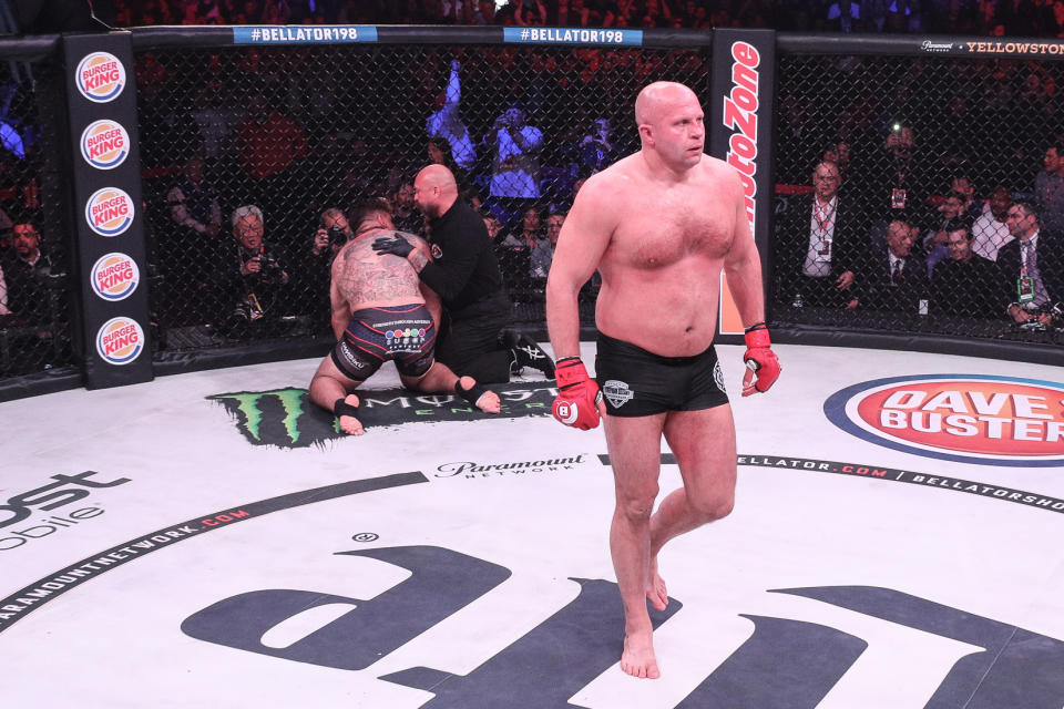 Fedor Emelianenko celebrates his win over Frank Mir at Bellator 198, Saturday, April 28, 2018, in Rosemont, Illinois. (Photo courtesy of Bellator)