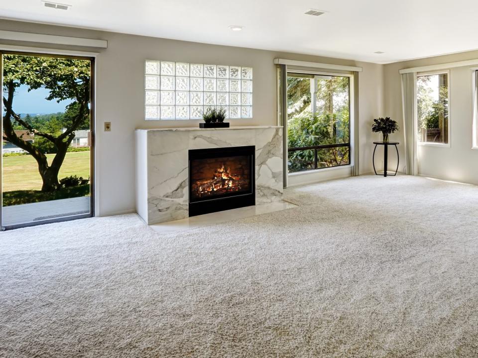 Beautitful living room carpet with fireplace and walkout deck