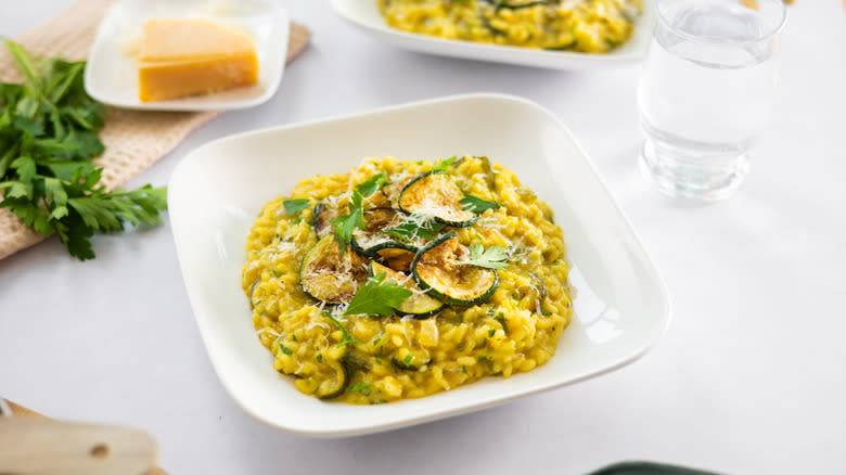 saffron zucchini risotto on plate 