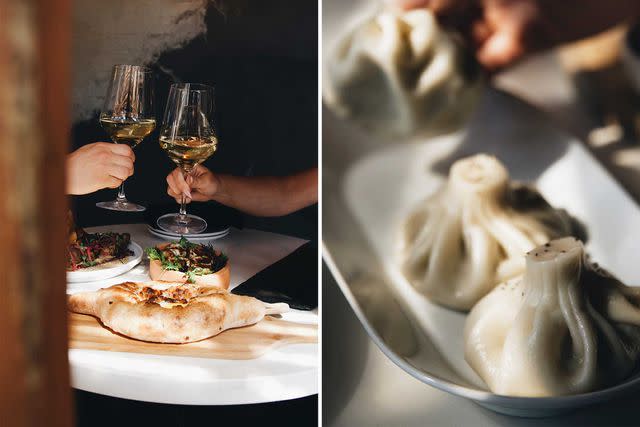 <p>From left: Russ Vasilchuk/&#64;russacci/Courtesy of Dediko Georgian Restaurant</p> From left: Toasting with Marani Tsinandali, a wine from Georgia, at Dediko; the restaurant&#39;s khinkali, typical Georgian dumplings.