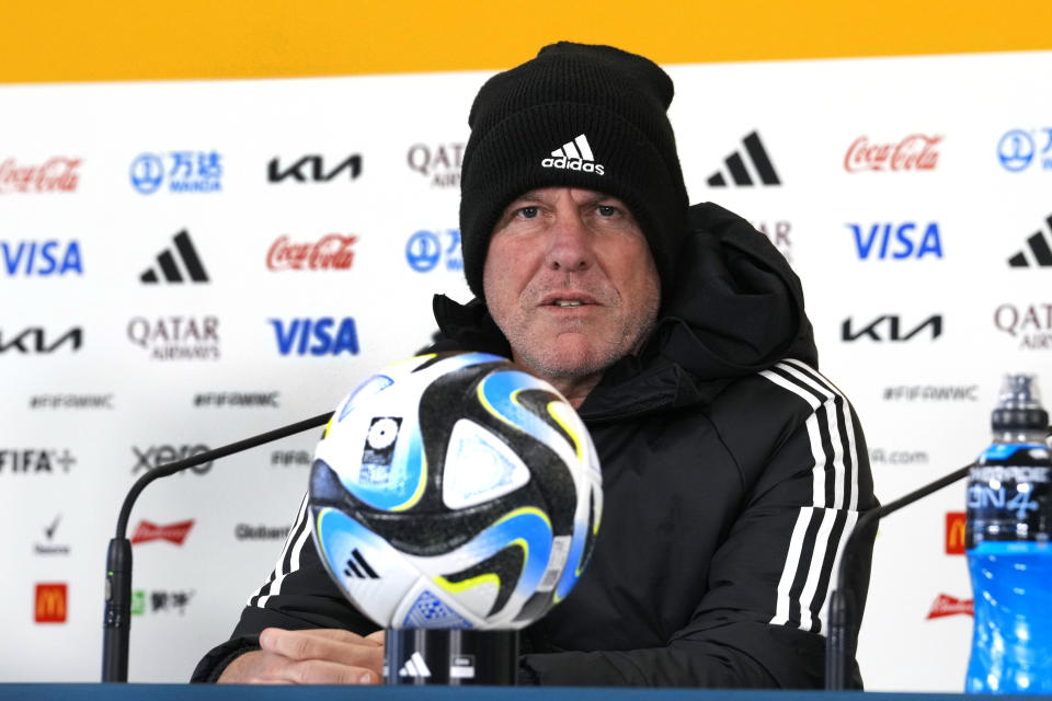 Philippines' head coach Alen Stajcic speaks to the media during a FIFA Women's World Cup press conference at Eden Park in Auckland, New Zealand, Saturday, July 29, 2023. (AP Photo/Abbie Parr)