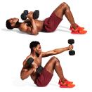 <p>Finish strong. Grab two dumbbells and set up in the classic sit-up position (<strong>A</strong>). Contract your abs, and at the top of the move, punch each arm across your body (<strong>B</strong>). Rest after 10 reps, then tackle the circuit again, all the way from the top.</p>