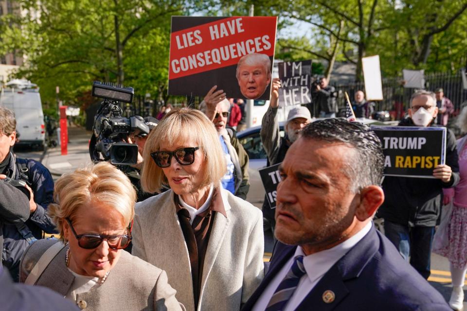 Former advice columnist E. Jean Carroll walks into Manhattan federal court on Tuesday, April 25, 2023, in New York (AP)