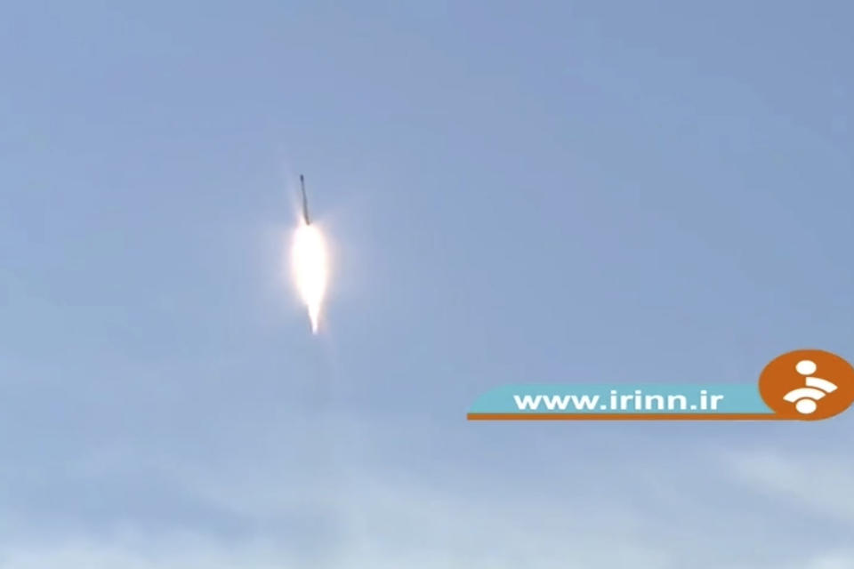 This image taken from video footage aired by Iranian state television shows the launch of a rocket by Iran announced on Thursday, Dec. 30, 2021. Iran on Thursday announced it launched a satellite carrier rocket bearing three devices into space, though it's unclear whether any of the objects entered orbit around the Earth. (Iranian state television via AP)