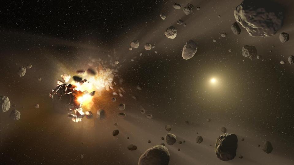 Artist concept of catastrophic collisions between asteroids located in the belt between Mars and Jupiter. <a href="https://images.nasa.gov/details-PIA17016" rel="nofollow noopener" target="_blank" data-ylk="slk:NASA/JPL-Caltech;elm:context_link;itc:0;sec:content-canvas" class="link ">NASA/JPL-Caltech</a>, <a href="http://creativecommons.org/licenses/by/4.0/" rel="nofollow noopener" target="_blank" data-ylk="slk:CC BY;elm:context_link;itc:0;sec:content-canvas" class="link ">CC BY</a>