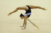 Anna Alyabyeva of Kazakhstan in action in the Individual All-Around during the FIG Rhythmic Gymnastics Olympic Qualification round in London.