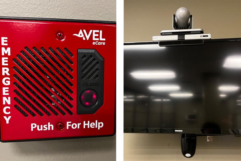 At left is the sort of button a health care provider using Avel eCare might press when in need of emergency telemedicine assistance. A doctor or nurse would then assist the provider via a monitor like the one at right.