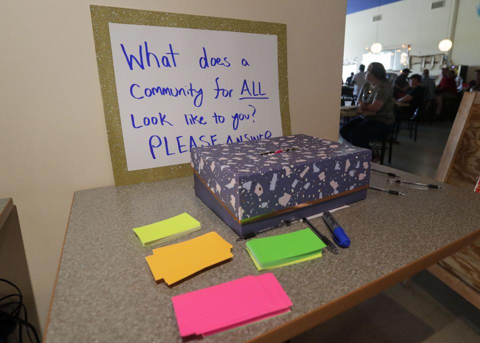 A comment box for Wausau's Community for All initiative is seen during a Juneteenth event on Saturday, June 19, 2021, at the Whitewater Music Hall in Wausau, Wis. 
Tork Mason/USA TODAY NETWORK-Wisconsin