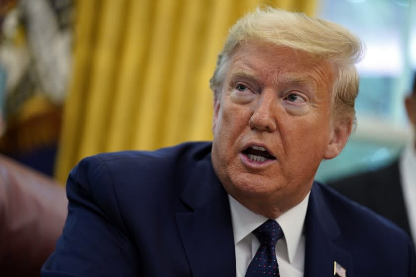 President Donald Trump speaks as he receives a briefing on the 2020 hurricane season in the Oval Office of the White House, Thursday, May 28, 2020, in Washington. (AP Photo/Evan Vucci)