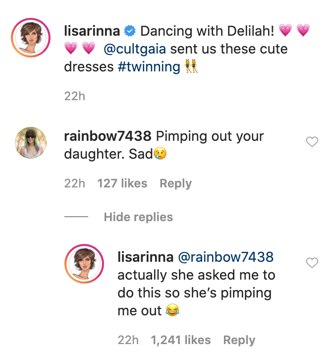 Lisa Rinna quickly clapped back at the haters accusing her of "pimping out" her daughter. 