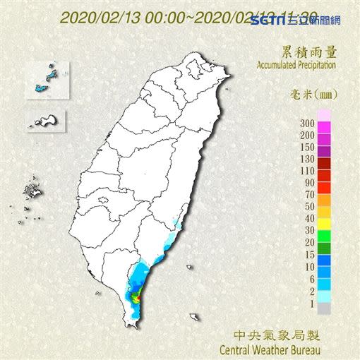 從13日凌晨零點開始到上午11點30分，全台累積雨量，火箭發射台所在的台東縣南田部落竟是全台第一！（圖／翻攝自中央氣象局）