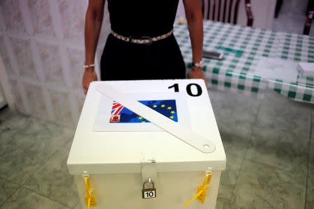 FILE PHOTO - A member of a polling station stands next to a polling box as she waits for citizens during the EU referendum in the British overseas territory of Gibraltar, historically claimed by Spain, June 23, 2016. REUTERS/Jon Nazca