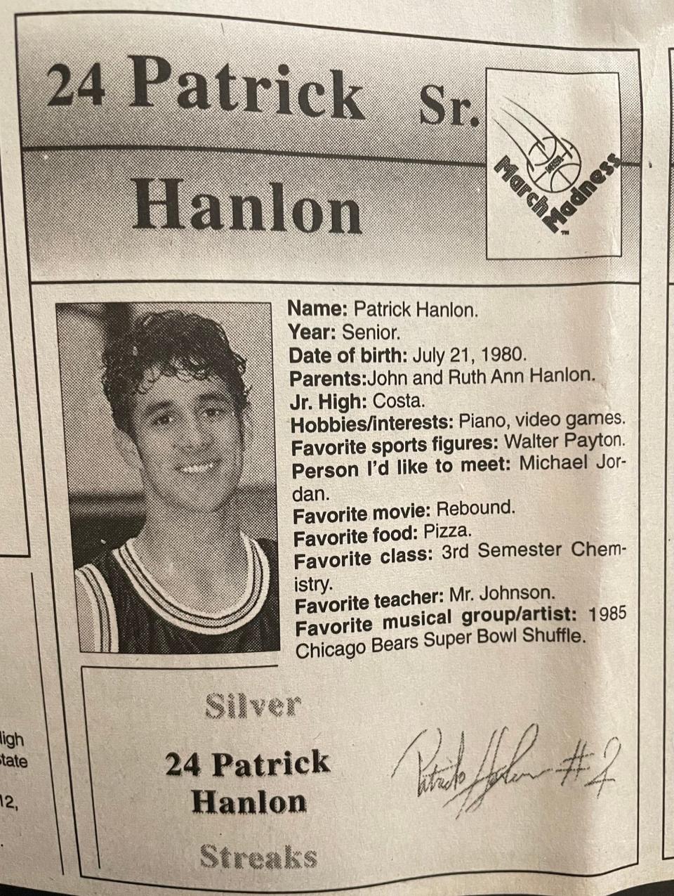 A clip of a bio of Patrick Hanlon that appeared in The Register-Mail when the Galesburg Silver Streaks played in the 1998 state basketball tournament.
