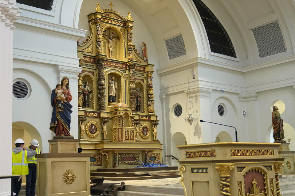 Work continues on the Blessed Stanley Rother Shrine, Thursday, Feb. 2, 2023, in Oklahoma City. A dedication Mass set for Friday, Feb. 17, 2023, will mark the official opening of the shrine, honoring Stanley Francis Rother, a missionary from Oklahoma, who was killed in Guatemala in 1981. (AP Photo/Sue Ogrocki)