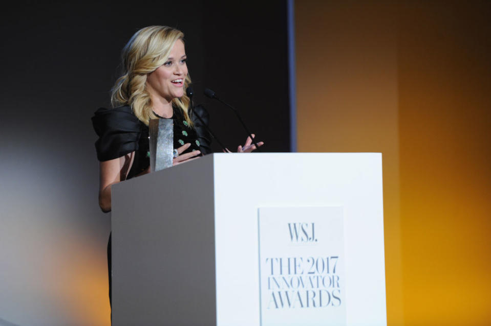 Reese Witherspoon accepts her award. (Photo: Craig Barritt/Getty Images for WSJ. Magazine 2017 Innovator Awards)