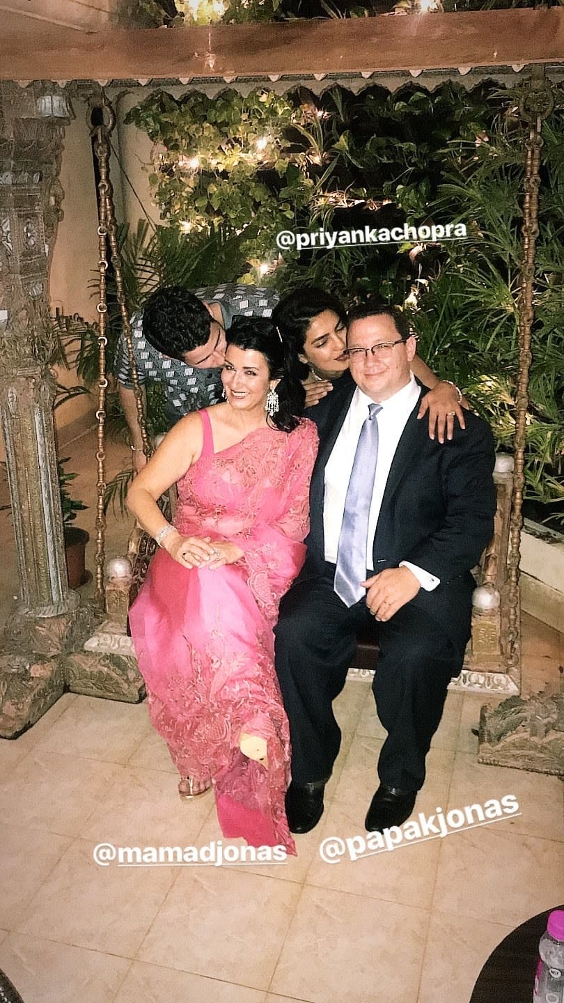 <h1 class="title">Nick and Priyanka with Nick's Parents</h1> <cite class="credit">Instagram Stories/<a href="https://www.instagram.com/nickjonas/?hl=en" rel="nofollow noopener" target="_blank" data-ylk="slk:@nickjonas;elm:context_link;itc:0;sec:content-canvas" class="link ">@nickjonas</a></cite>