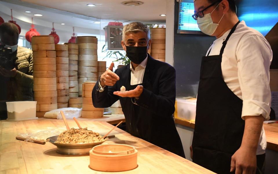 Mayor of London Sadiq Khan making dumplings with Head Chef Lin Bing during a visit to Dumplings' Legend in Chinatown, London - Kirsty O'Connor/PA Wire