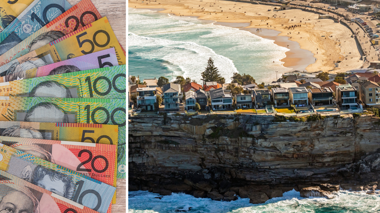 A composite image of Australian money and expensive properties on a cliff in Sydney.