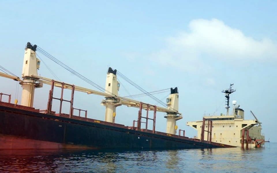 The British-registered cargo vessel, Rubymar, sinking after being damaged in a missile attack by the Houthis in the Red Sea