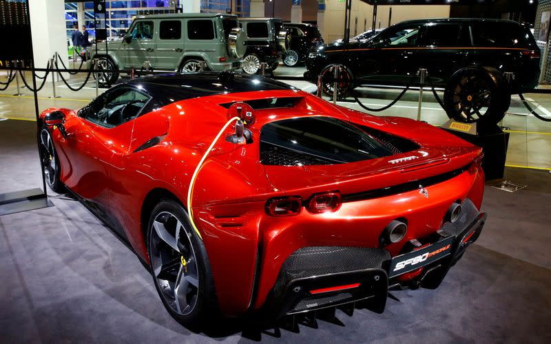 FILE PHOTO: A Ferrari SF90 Stradale hybrid sports car is seen during at the Auto Zurich Car Show in Zurich