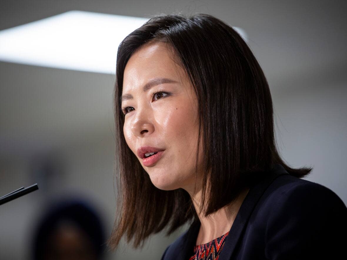 CEO of Fraser Health, Dr. Victoria Lee, speaks at a press event in July 2019. The health authority has been under fire from doctors working in the region who say understaffing and underresourcing are impacting patient care. (Ben Nelms/CBC - image credit)