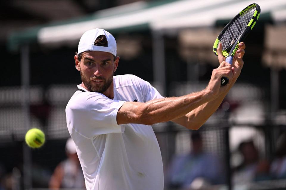 Maxime Cressy in action against Alexander Bublik during the Infosys Hall of Fame Open on Sunday in Newport.