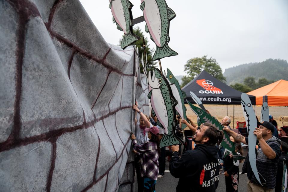 Yurok tribal members depict salmon trying to go over a dam along the Klamath River at the 59th annual Yurok Salmon Festival.