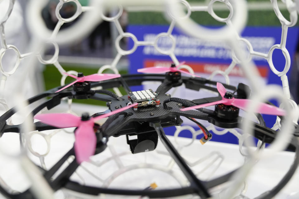 A DroneSoccer model is displayed during the CES tech show Tuesday, Jan. 9, 2024, in Las Vegas. (AP Photo/Ryan Sun)