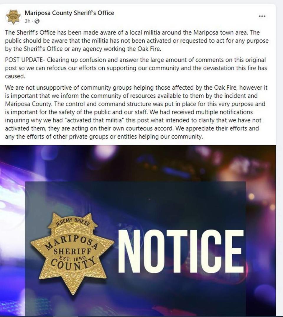 The Mariposa Sheriff’s Office put out a Facebook post on Sunday, July 24, 2022, clarifying it has not activated a militia that’s been seen in Mariposa.
