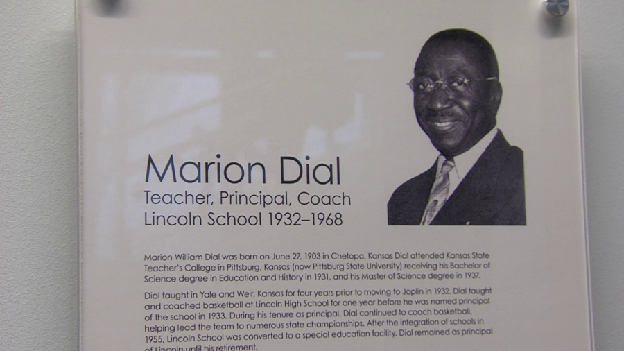 A placard honoring Mr. Dial inside the current Joplin High School.