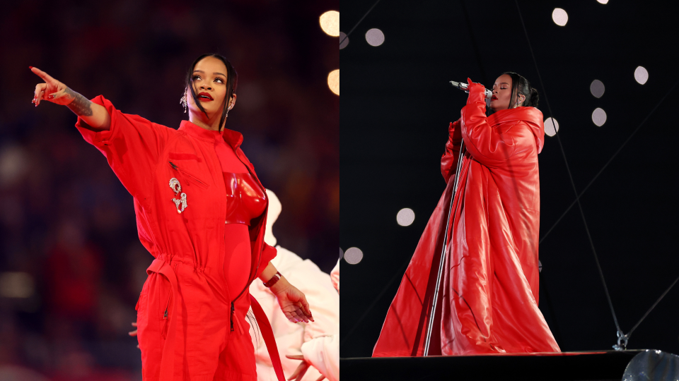 Rihanna wowed fans with a stunning monochromatic red look during her Super Bowl halftime performance.