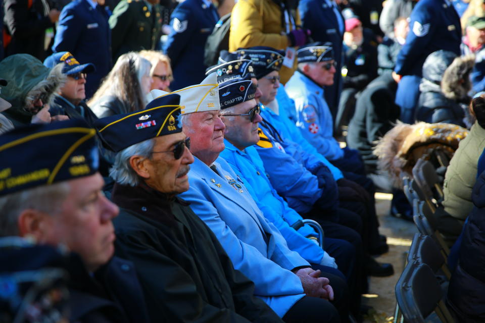 <p>Veterans await the start of a ceremony in Madison Square Park before the Veterans Day parade in New York City on Nov. 11, 2017. (Photo: Gordon Donovan/Yahoo News) </p>