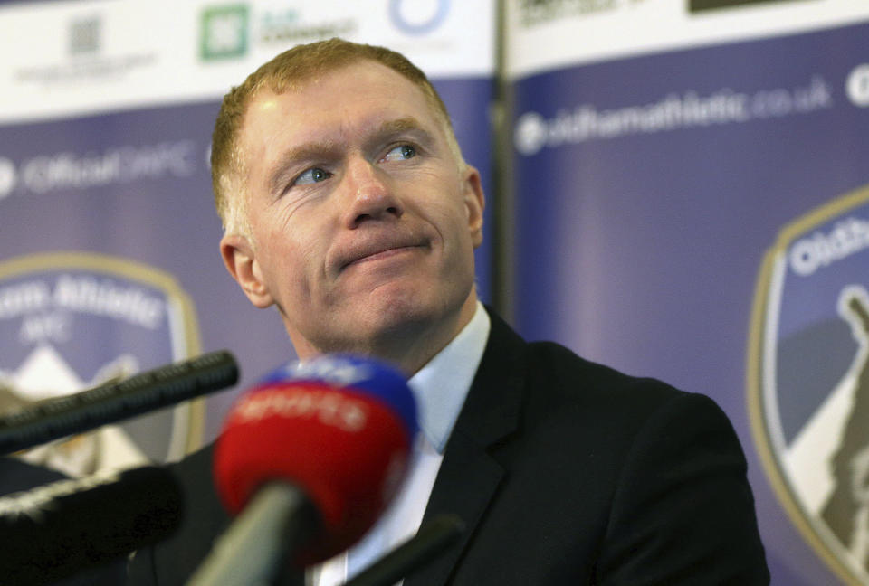 Newly unveiled Oldham Athletic soccer club manager Paul Scholes during a press conference at Boundary Park in Oldham, England, Monday Feb. 11, 2019. Former Manchester United midfielder Paul Scholes has landed his first managerial job at Oldham, which plays in England's fourth division.(Barrington Coombs/PA via AP)